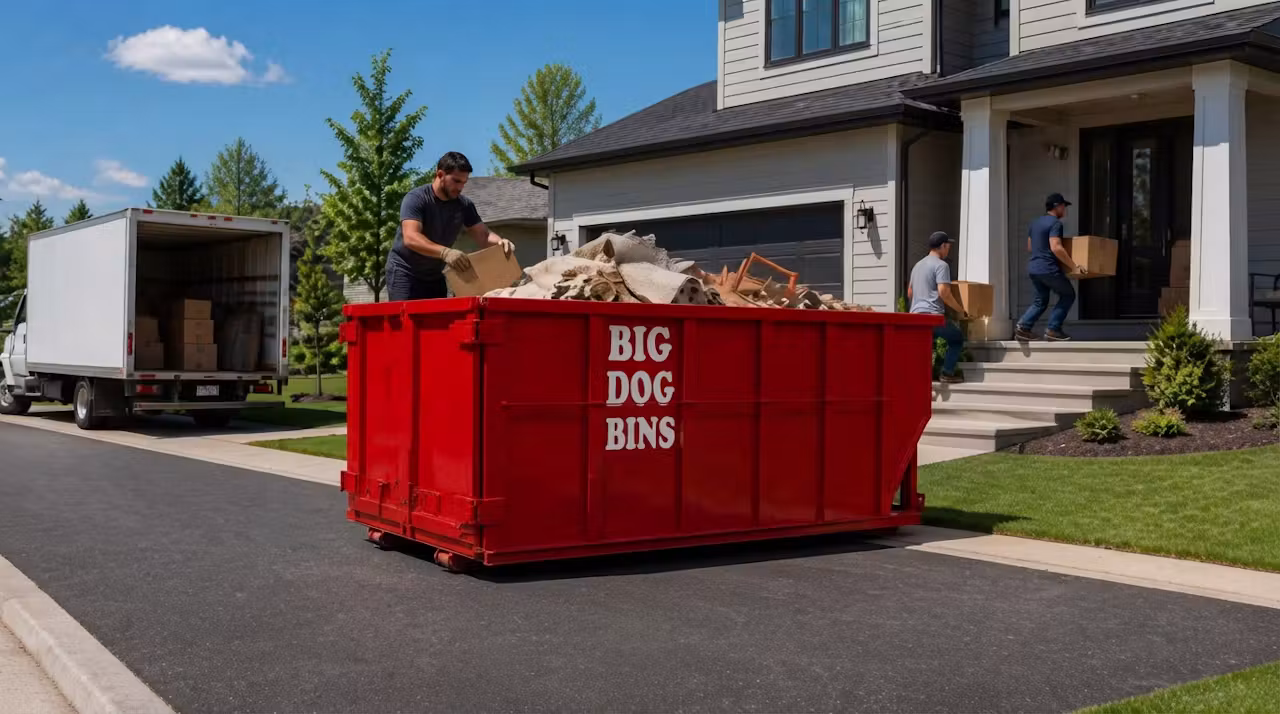 Big Dog Bins dumpster rental bin on its trailer near the Belle River Marina