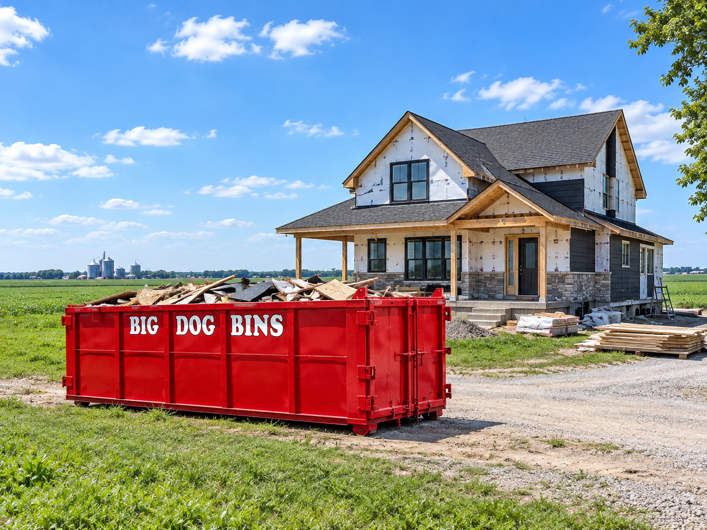Big Dog Bins dumpster rental bin on its trailer beside Ridgeview Park in Cottam, Ontario
