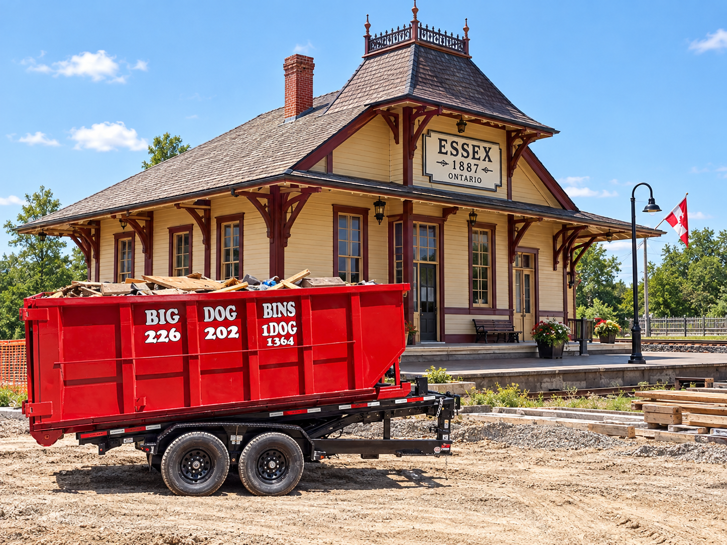 Big Dog Bins dumpster rental bin on its trailer in front of the restored 1887 Essex Railway Station