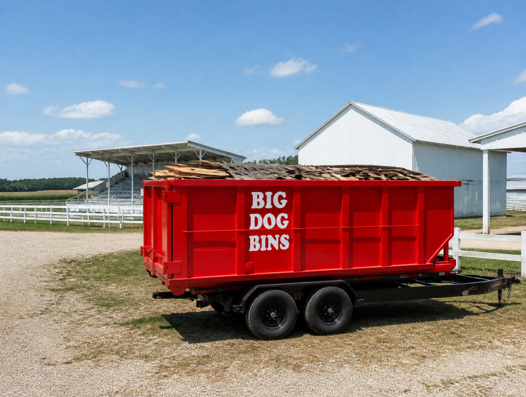 Big Dog Bins dumpster rental bin on its trailer near the Harrow Fairgrounds in Harrow, Ontario