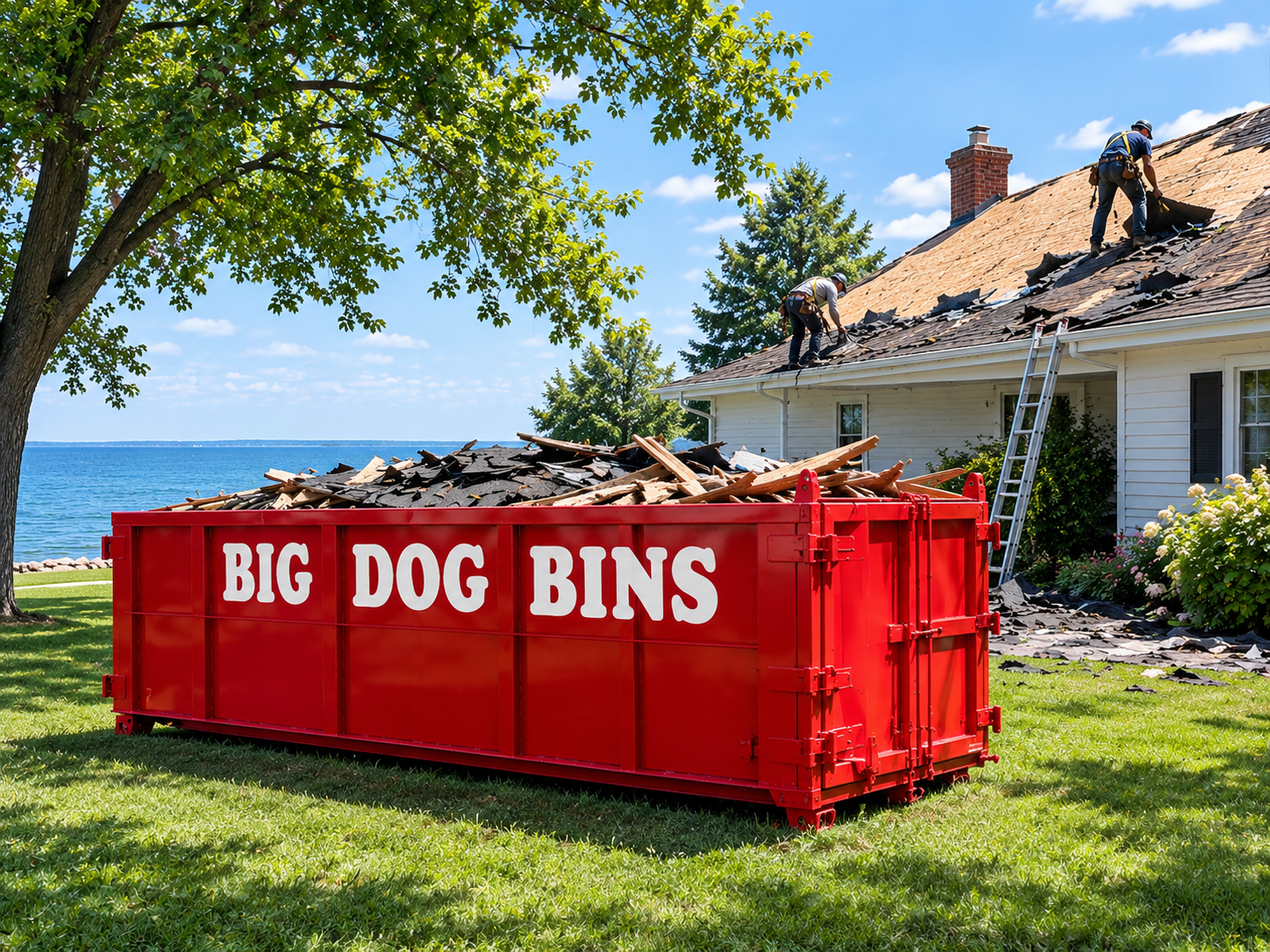 Big Dog Bins dumpster rental bin on its trailer near the Lakeside Park pavilion in Kingsville, Ontario