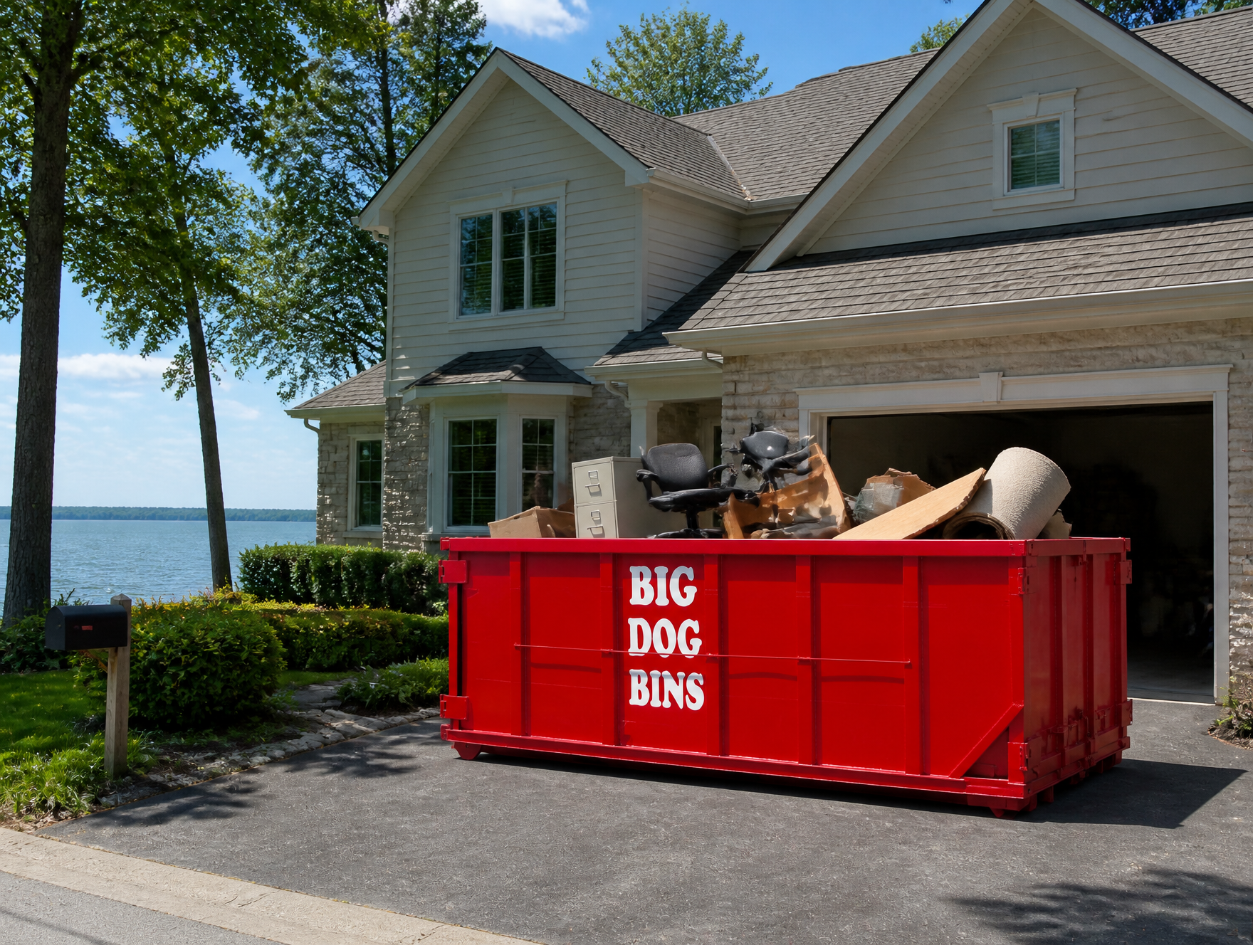 Big Dog Bins dumpster rental bin at a lakefront home on the Lake St. Clair shoreline in Lakeshore, Ontario
