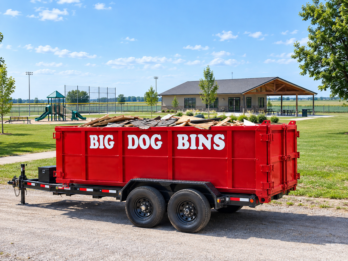 Big Dog Bins dumpster rental bin in the long driveway of a large-lot home in Ruthven, Ontario