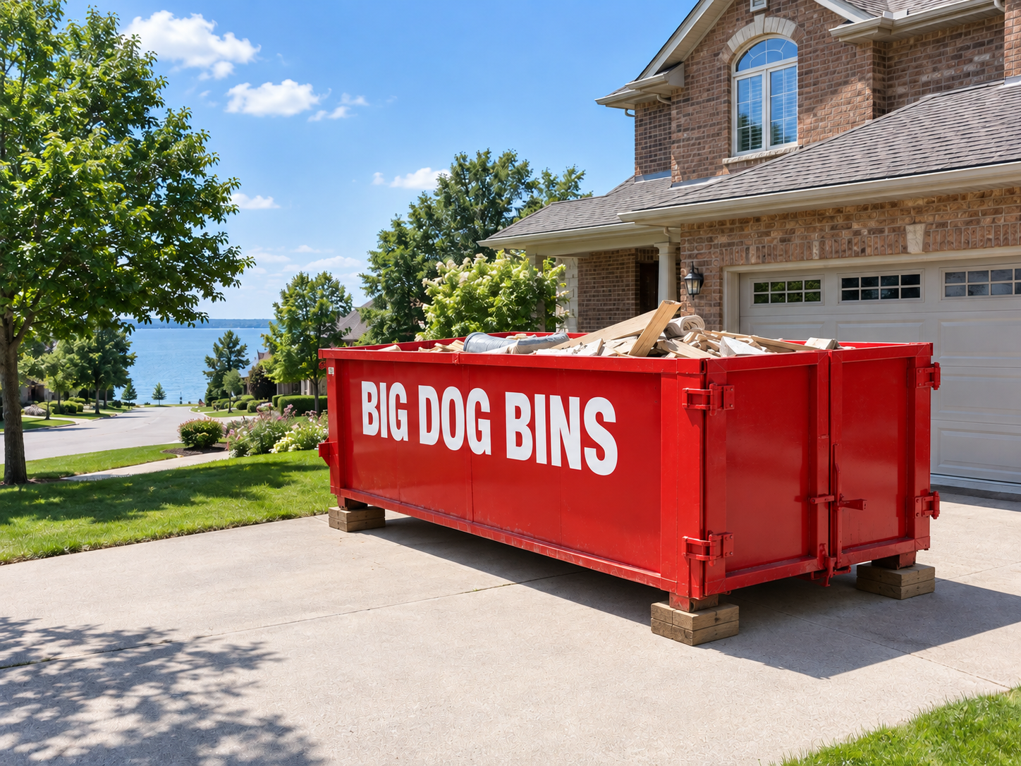 Big Dog Bins dumpster rental bin at a home near the Lake St. Clair shore in St. Clair Beach, Tecumseh