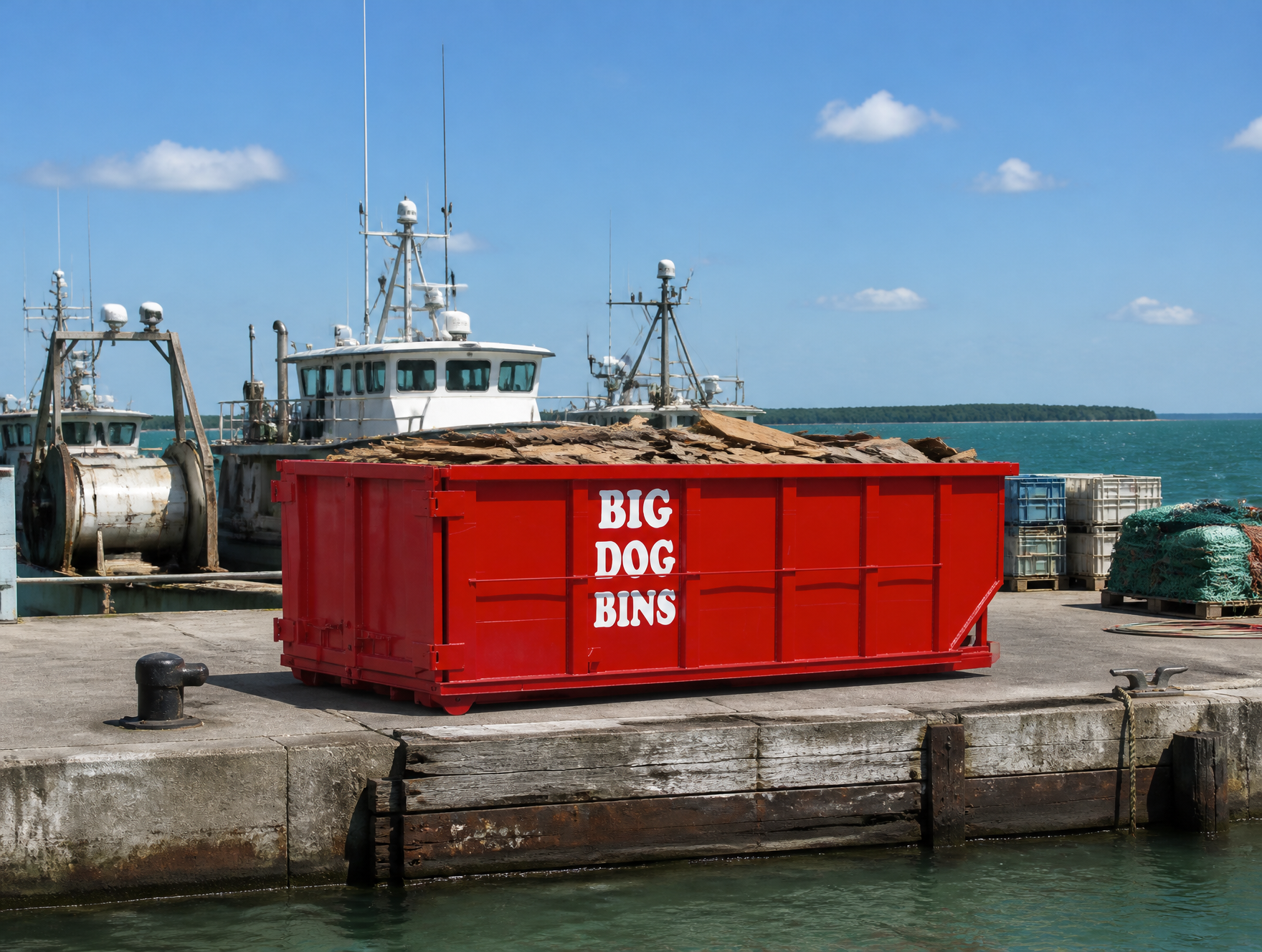 Big Dog Bins dumpster rental bin on its trailer near the fishing tugs of Wheatley Harbour